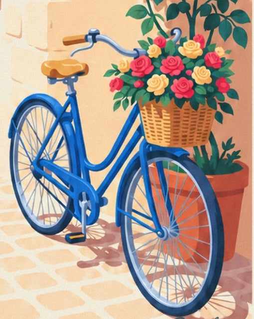 The blue bicycle with a wicker basket full of red and yellow roses, against the stone wall