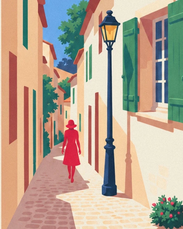 The cobbled lane with its blue street lamp and a woman walking in a red dress, between green shutters