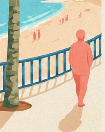 Una figura di spalle in abito corallo sul lungomare, vicino a una palma