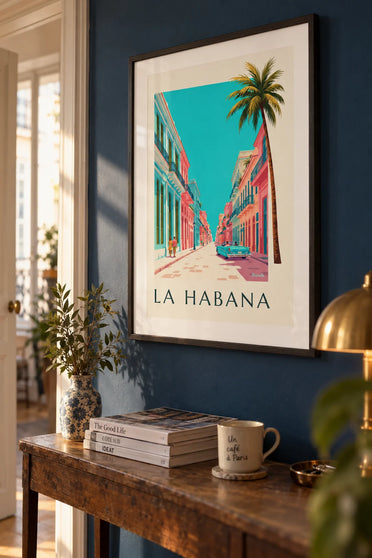 Poster con auto americana decappottabile turchese all'Avana: incorniciato alla parete