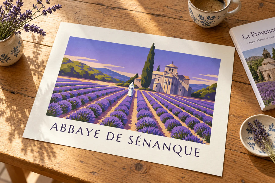Poster monaco che cammina nella lavanda dell'abbazia di Sénanque: appoggiato su un tavolo