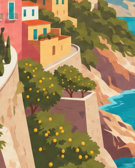 I limoni a terrazze sulla scogliera, con le case ocra e il mare turchese più in basso