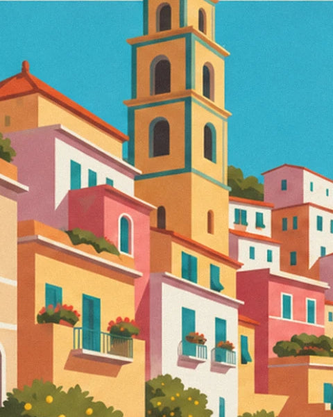 Il campanile giallo e turchese che domina case rosa e ocra con balconi fioriti