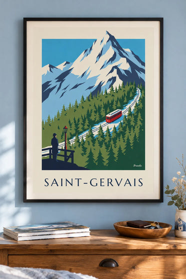 Mont-Blanc tramway poster in Saint-Gervais: framed on the wall