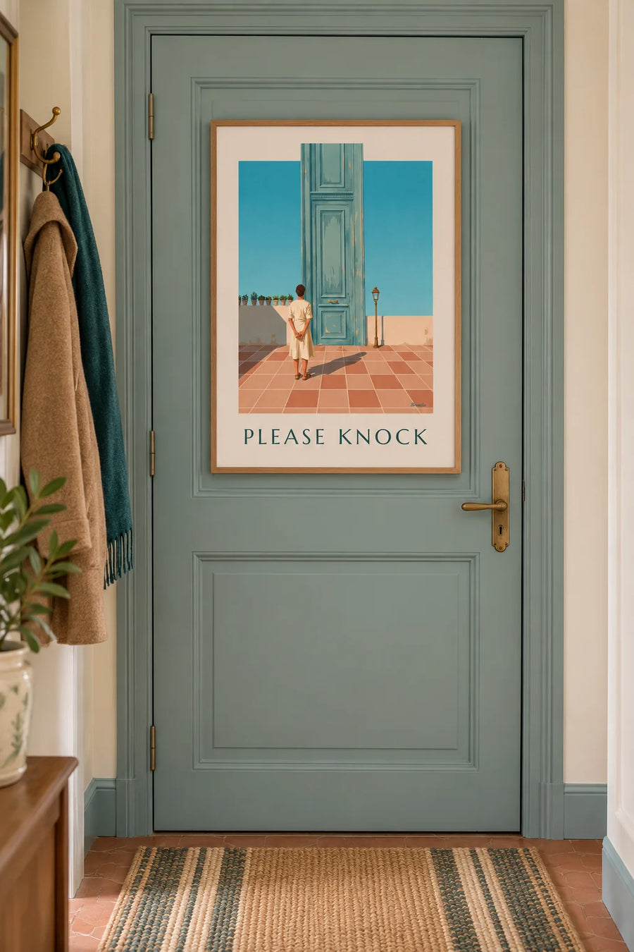 Poster porta blu-verde «Please Knock» per il bagno: incorniciato a parete