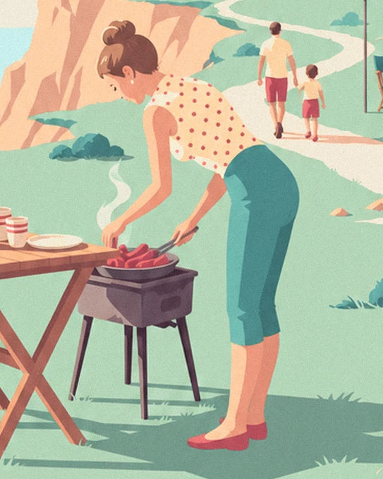 La pin-up in pantaloni turchesi davanti al suo barbecue, vicino al tavolo di legno