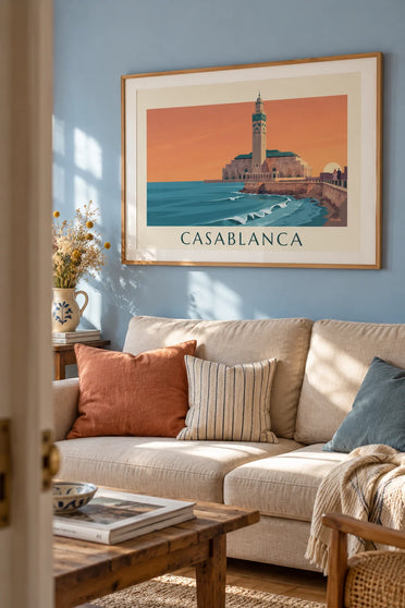Poster moschea Hassan II di fronte all'oceano al tramonto: stampa incorniciata alla parete