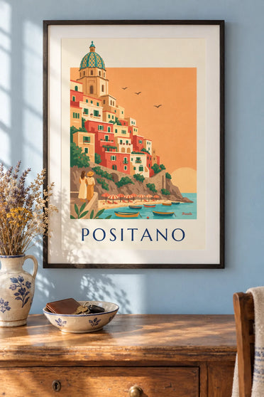 Poster con case a cascata e cupola della chiesa di Positano: incorniciato alla parete