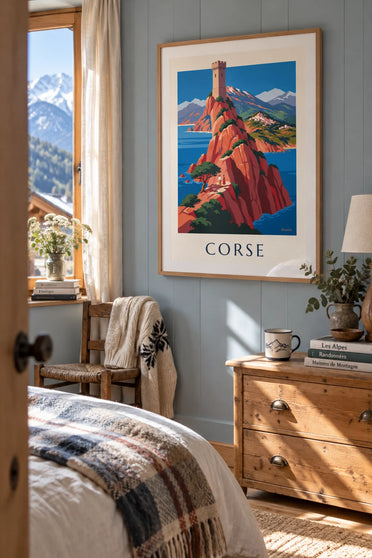 Poster costa selvaggia della Corsica, scogliere rosse e Monte Cinto: incorniciato a parete