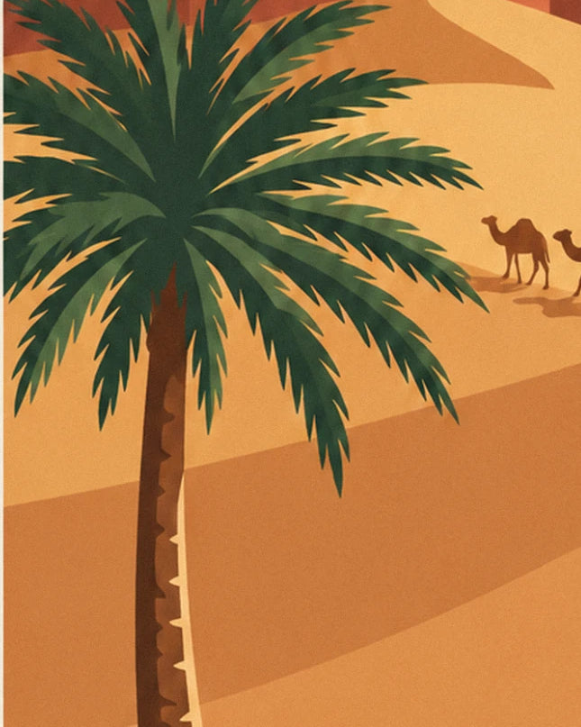 A green date palm with a brown trunk, and 2 camels from the caravan crossing the sand in the distance