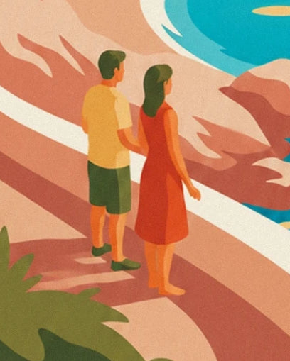 Una coppia di fronte al mare, con un vestito rosso e pantaloncini verdi, sulle rocce rosa