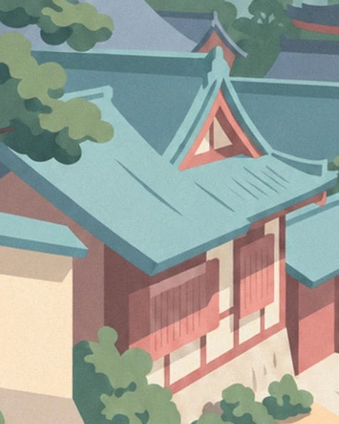 The red and cream façades beneath turquoise roofs with upturned corners
