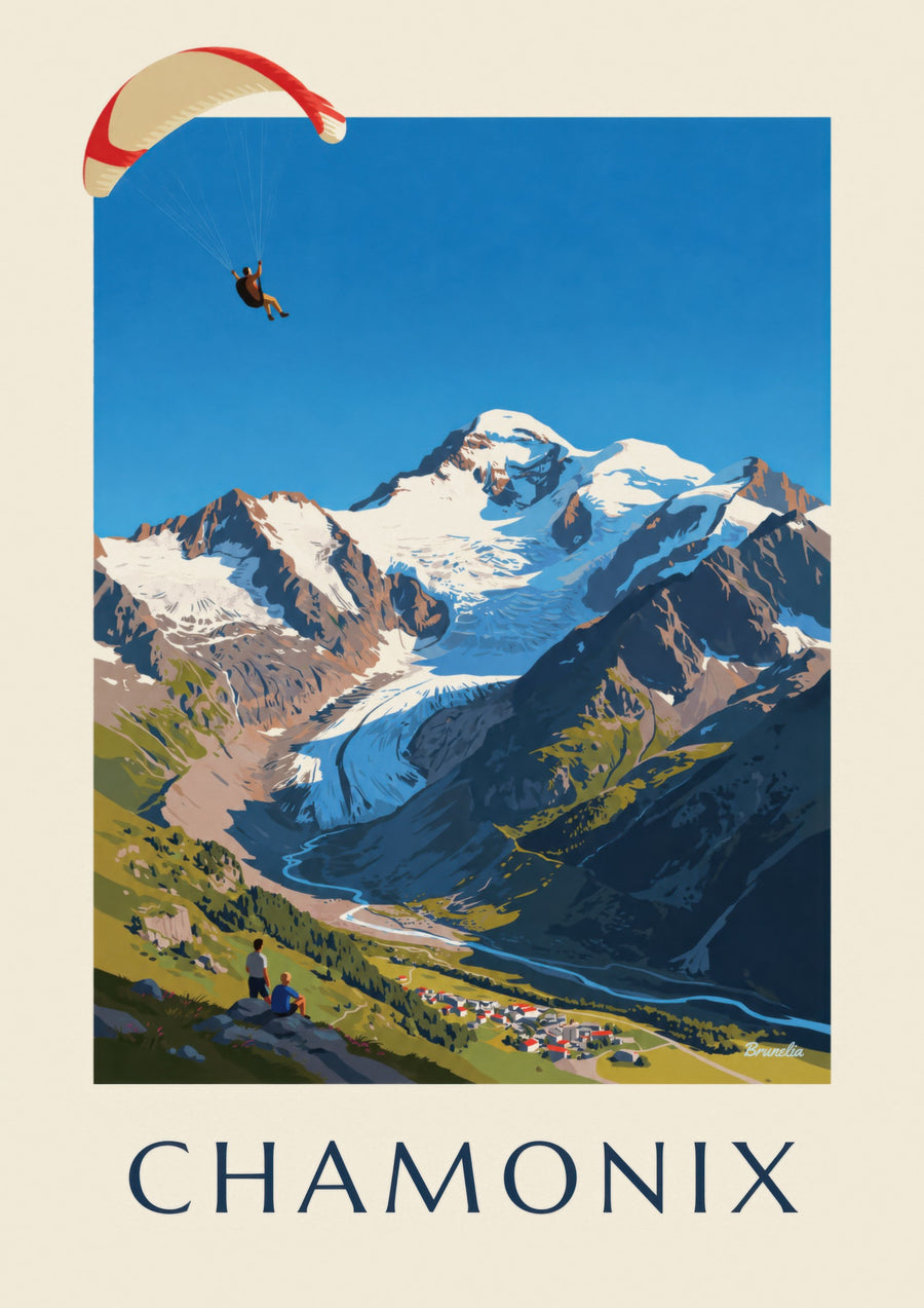 Affiche parapendio a Chamonix e Monte Bianco