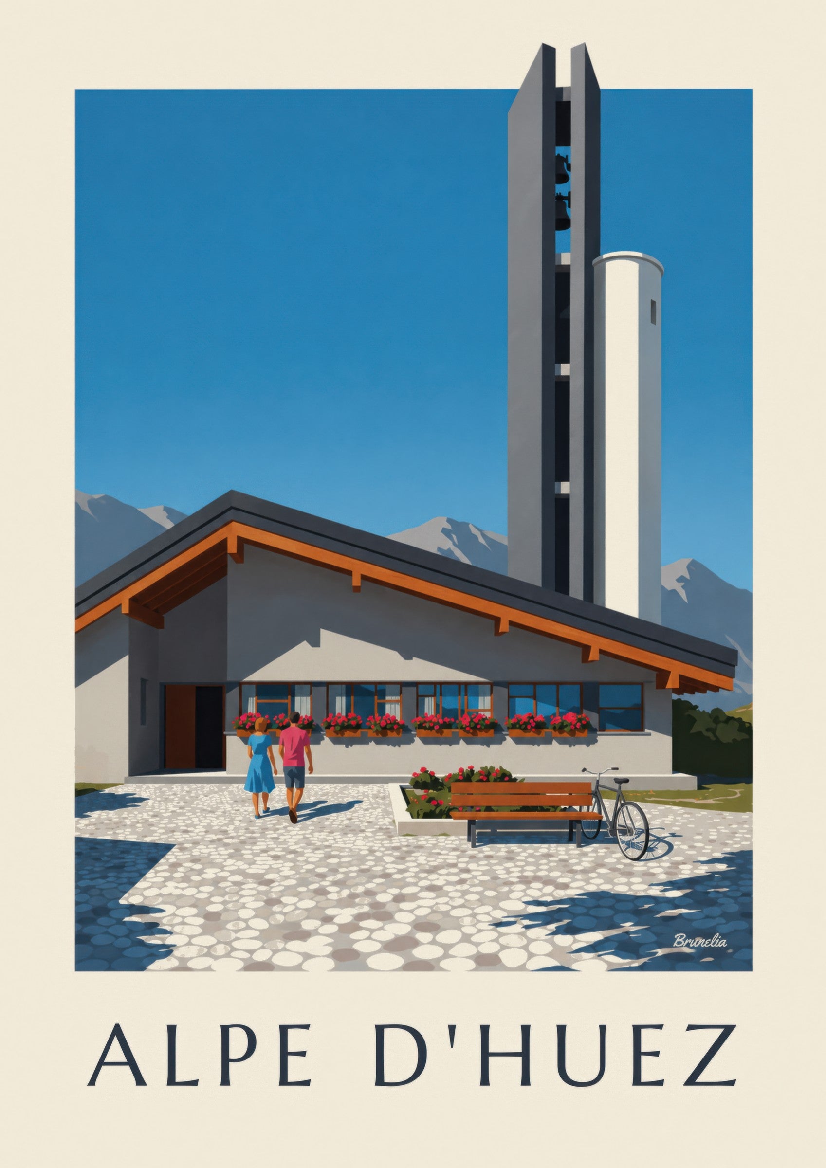 Affiche della chiesa Notre-Dame-des-Neiges dell’Alpe d’Huez: dettaglio in primo piano