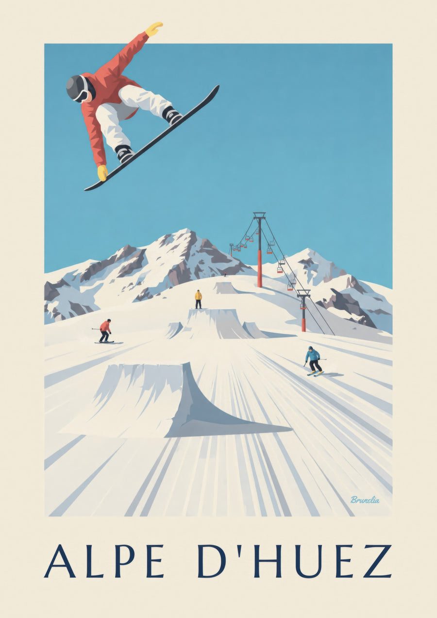 Affiche Alpe d'Huez, sciatori e snowboarder