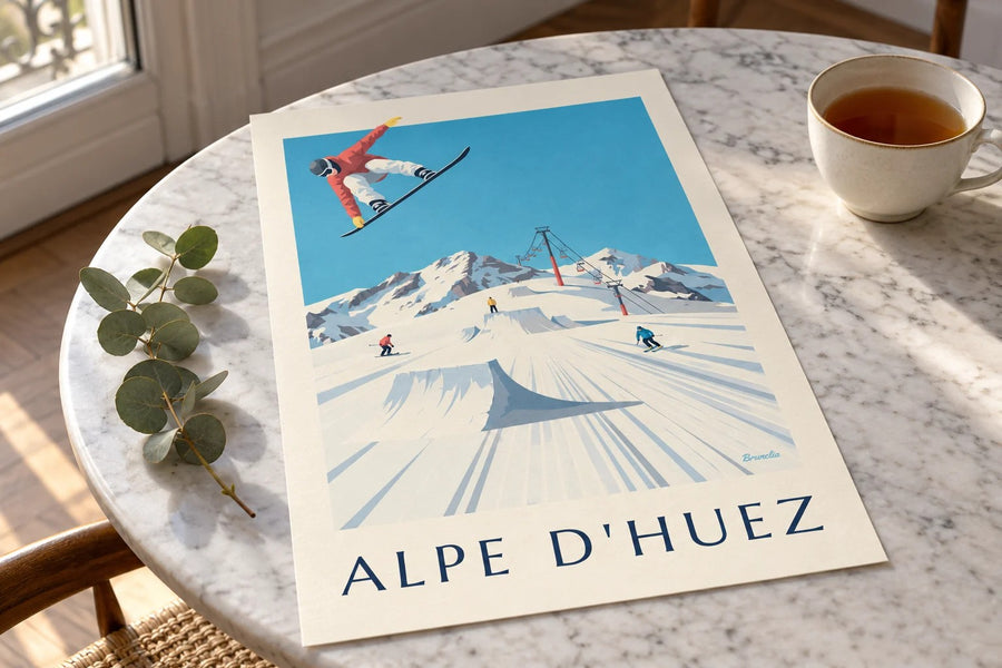 Affiche Alpe d'Huez, skieurs et snowboardeurs : posée sur une table