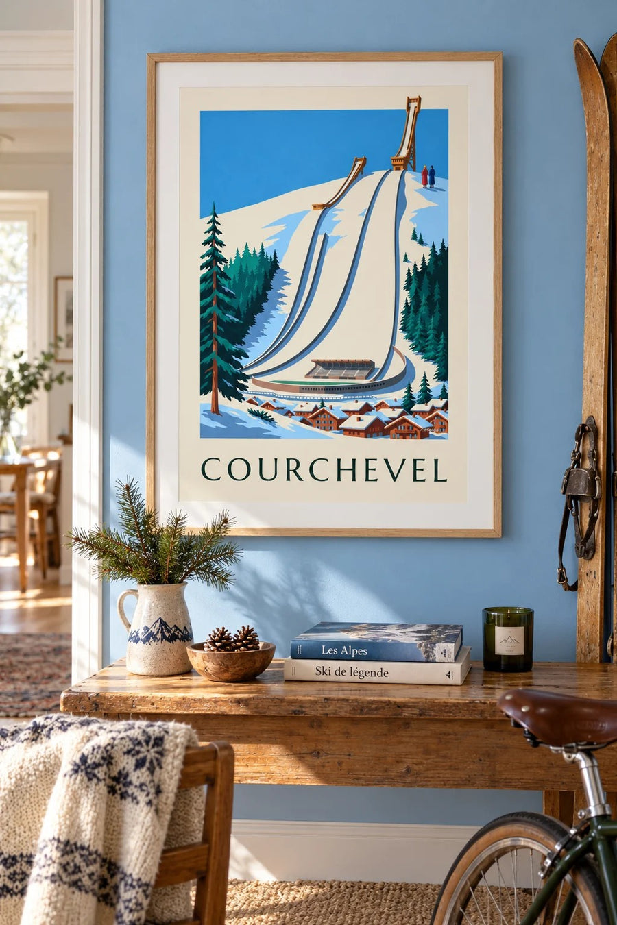 Affiche Courchevel, les tremplins du Praz sous la neige : encadrée au mur