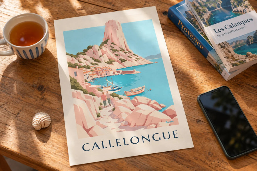 Affiche Callelongue, petit port des calanques : posée sur une table