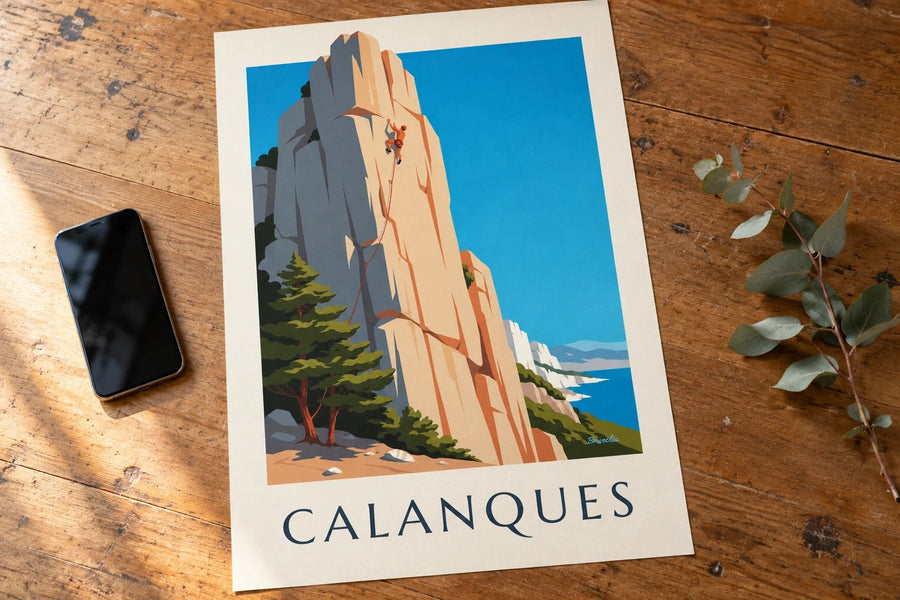 Affiche escalade dans les calanques de Marseille | Brunelia : posée sur une table