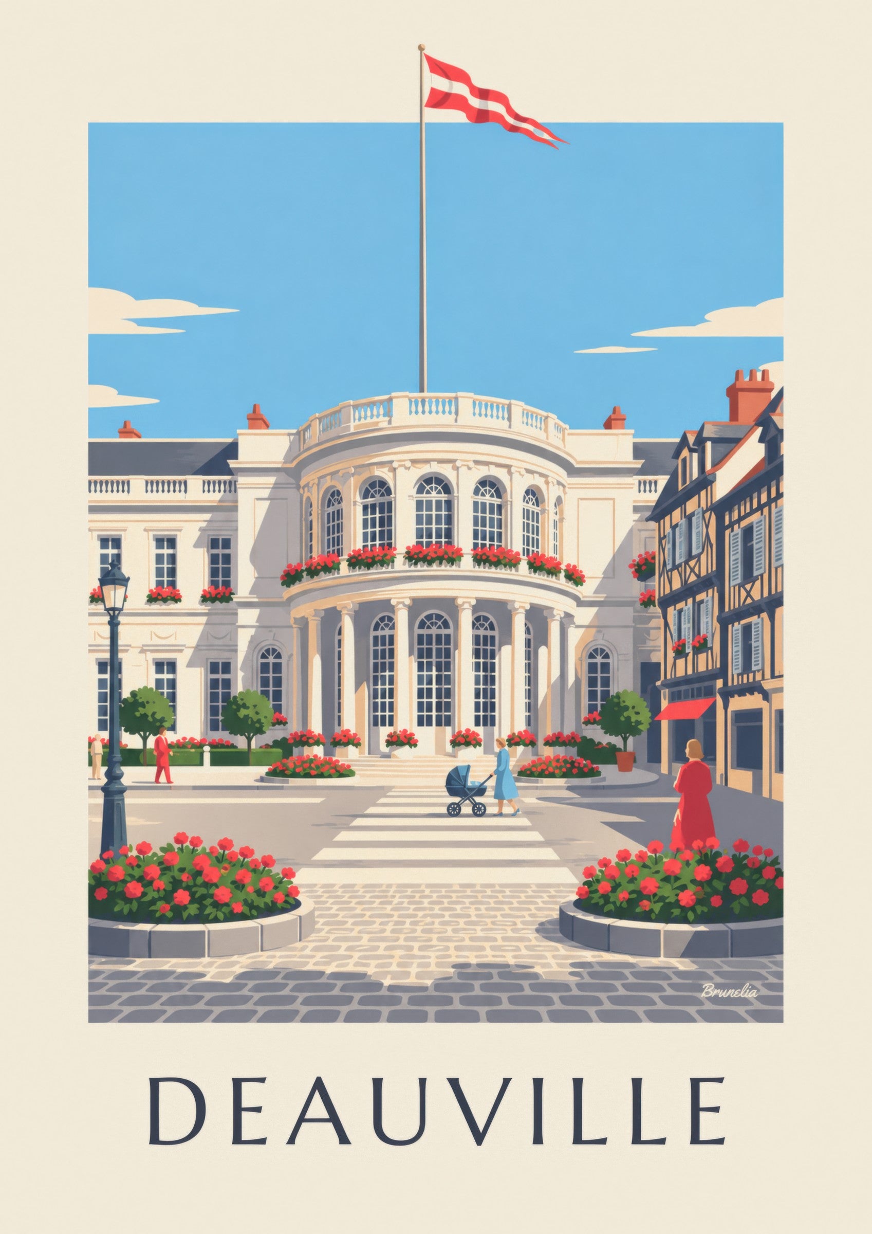 Affiche Deauville casino blanc et géraniums: dettaglio in primo piano