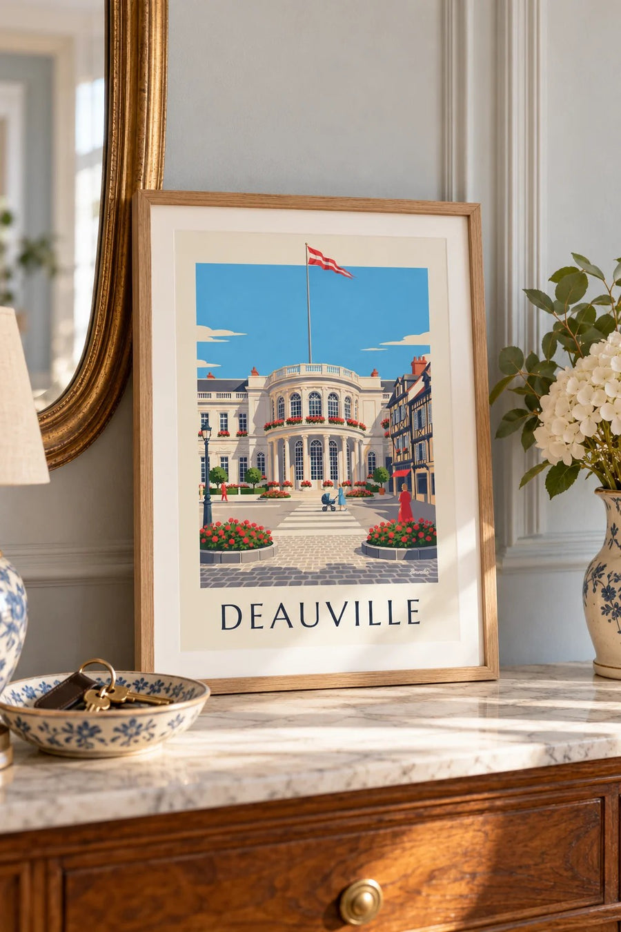 Affiche Deauville casino blanc et géraniums : petit format A4 encadré