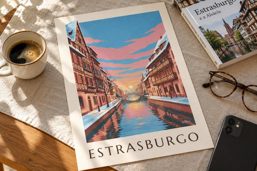 Affiche Petite France à Strasbourg en hiver (titre ESTRASBURGO) : posée sur une table