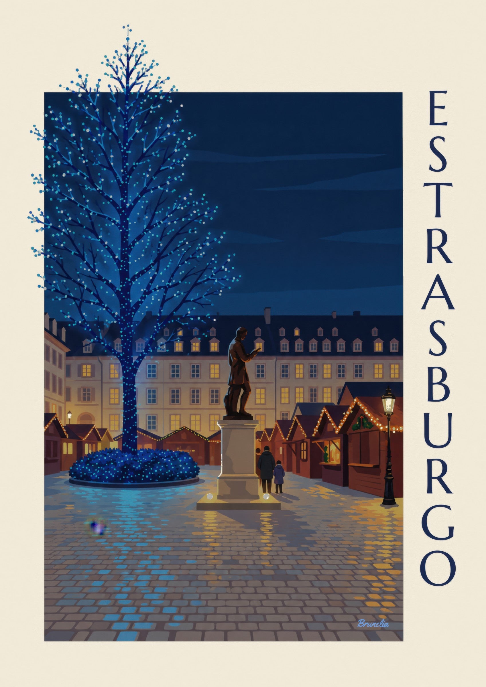 Stampa del Natale a Strasburgo, Place Gutenberg (titolo ESTRASBURGO): dettaglio in primo piano