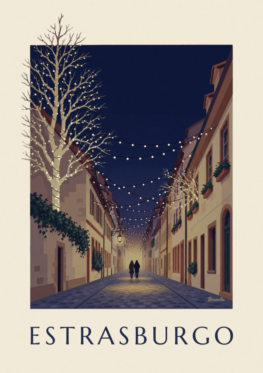 Stampa di una viuzza di Strasburgo illuminata per Natale (titolo ESTRASBURGO)