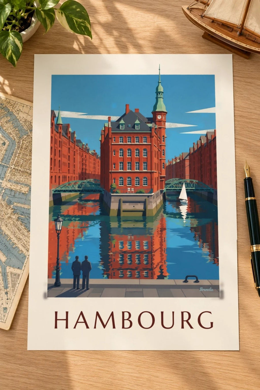 Affiche Speicherstadt de Hambourg, le Wasserschloss : posée sur une table