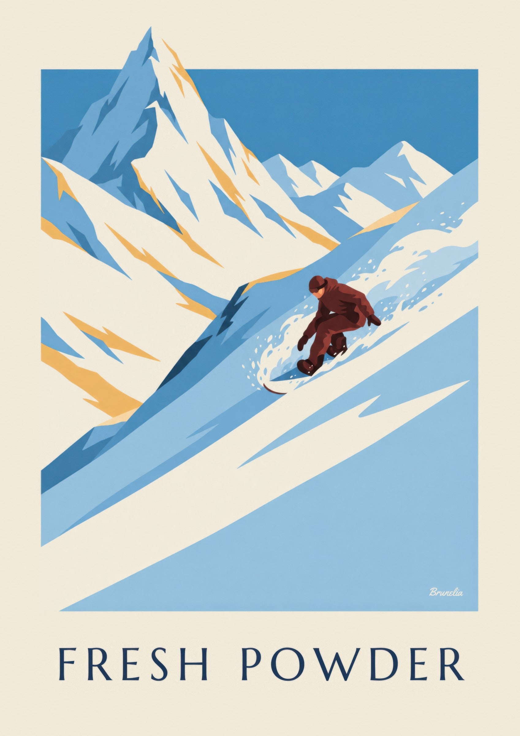 Affiche snowboard dans la poudreuse: dettaglio in primo piano