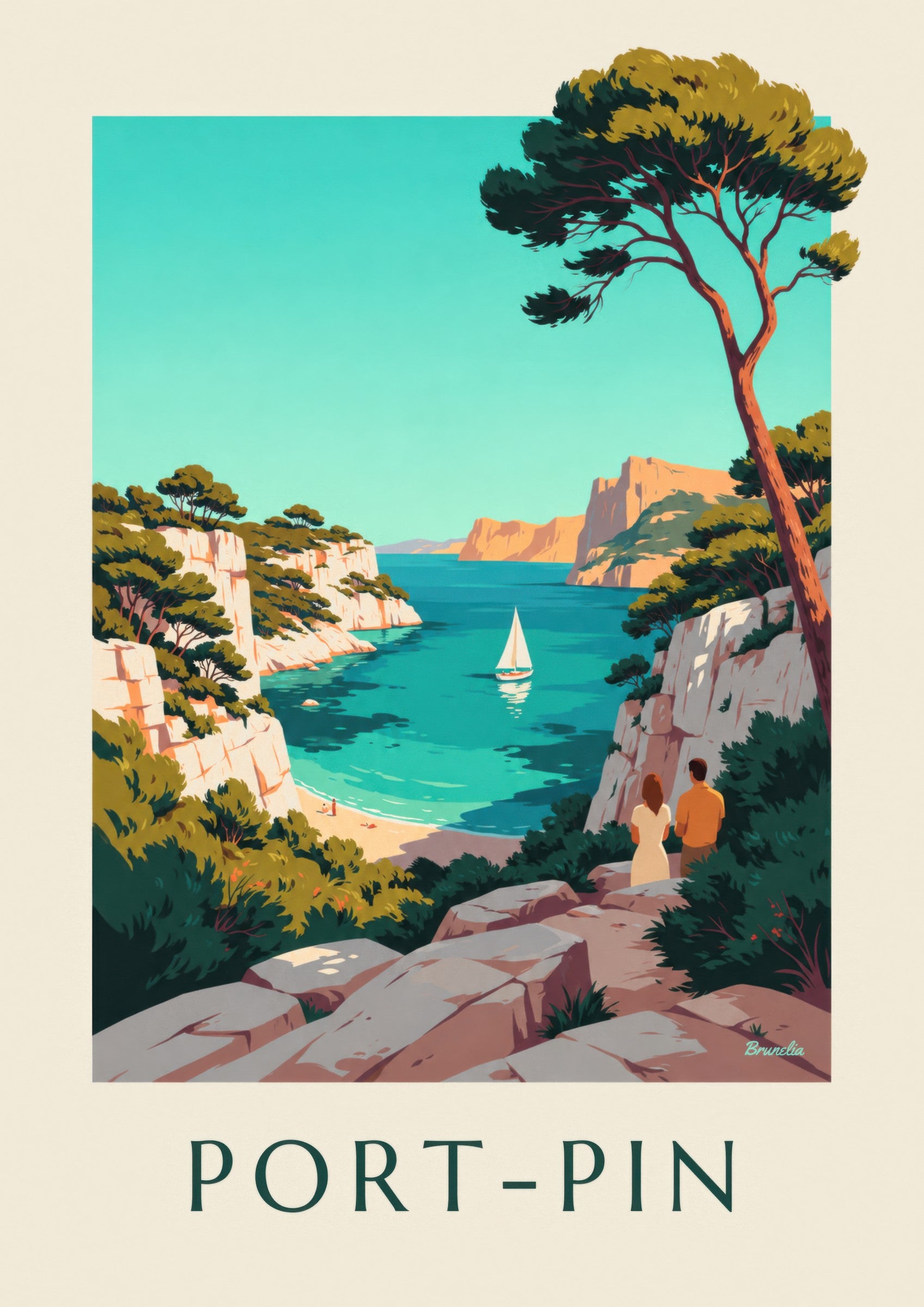 Affiche calanque de Port-Pin et voilier: dettaglio in primo piano