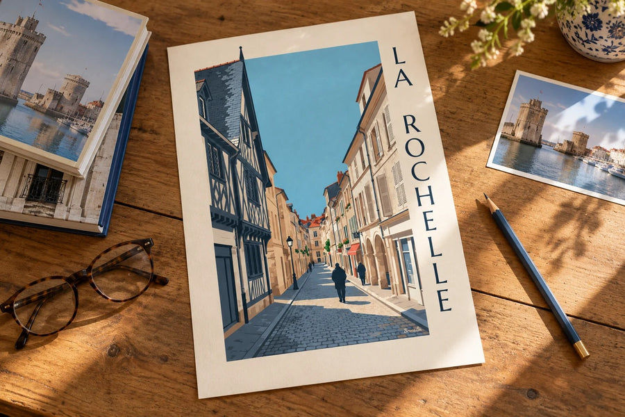 Affiche maison à pans de bois de La Rochelle : posée sur une table