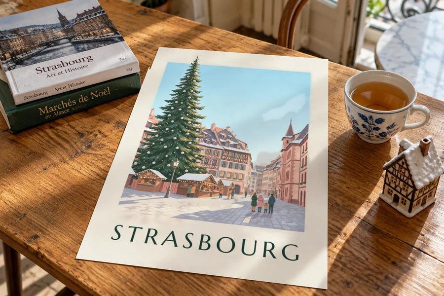 Stampa del mercatino di Natale di Strasburgo : appoggiato su un tavolo