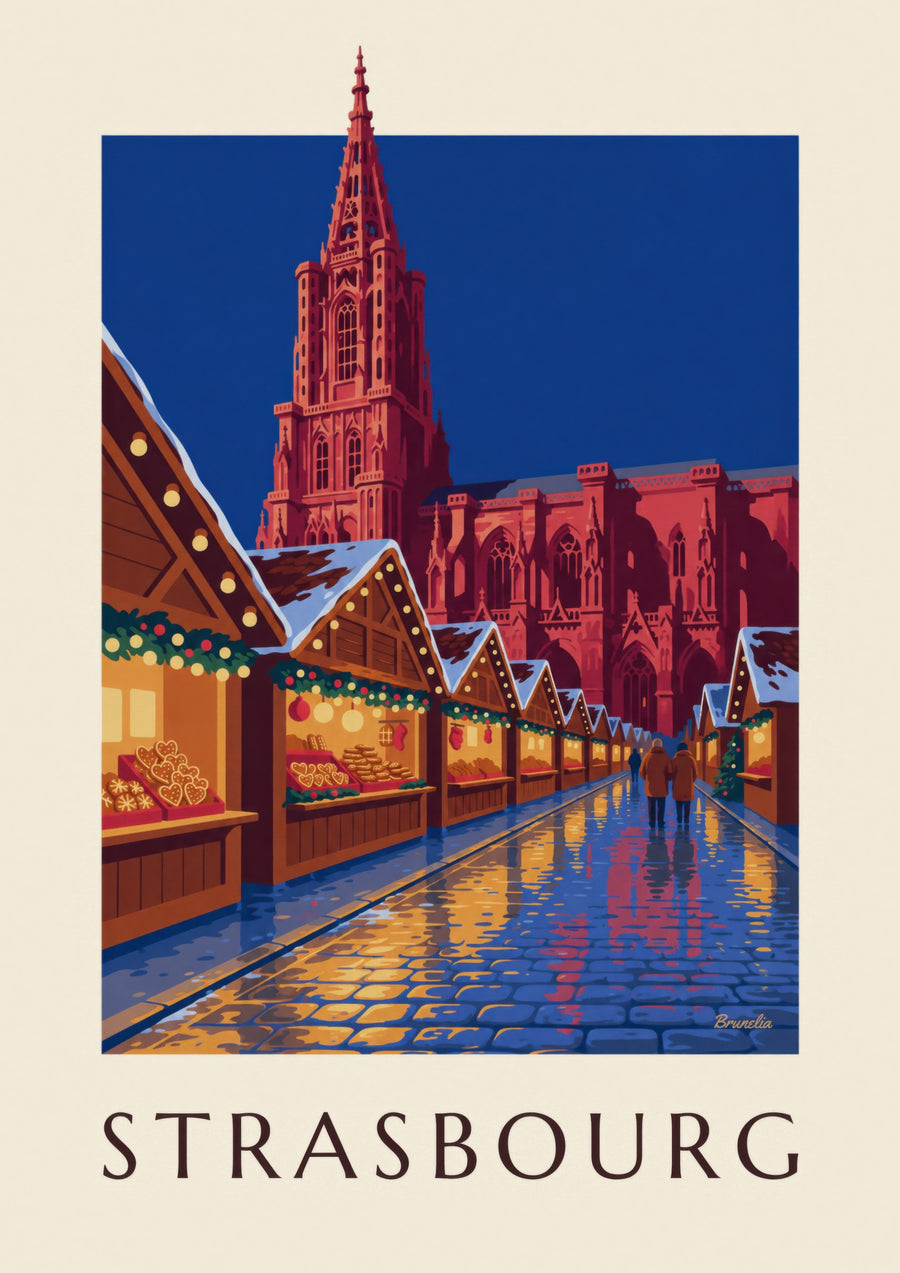 Stampa del mercatino di Natale di Strasburgo di notte