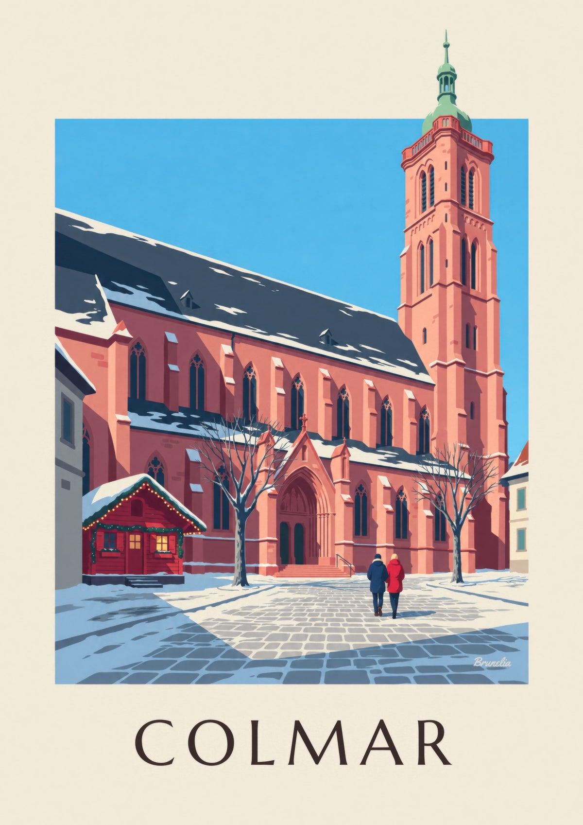 Stampa della collegiata di San Martino di Colmar in inverno