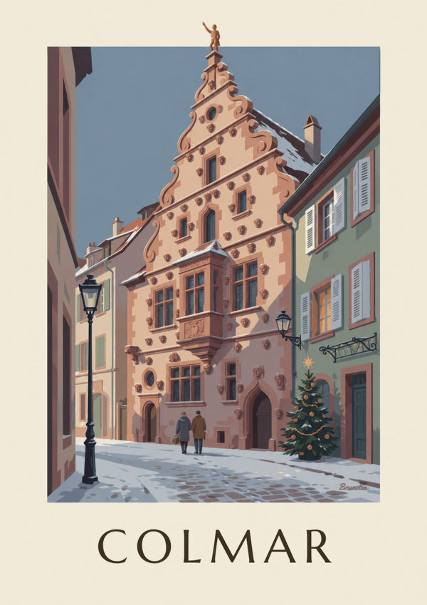 Stampa della Casa delle Teste di Colmar in inverno