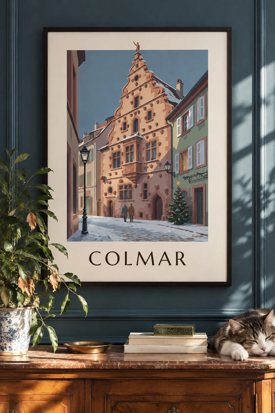Stampa della Casa delle Teste di Colmar in inverno : incorniciato alla parete