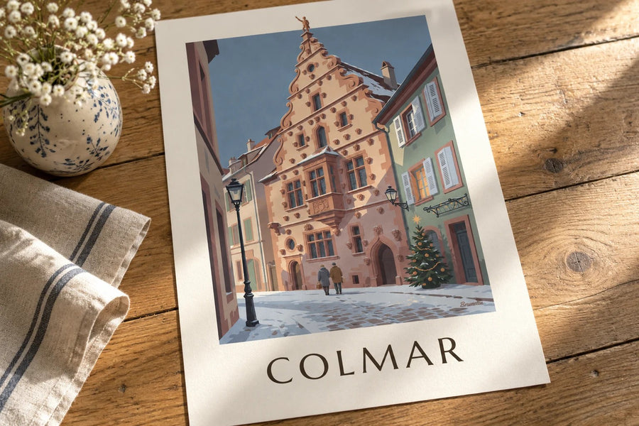 Stampa della Casa delle Teste di Colmar in inverno : appoggiato su un tavolo