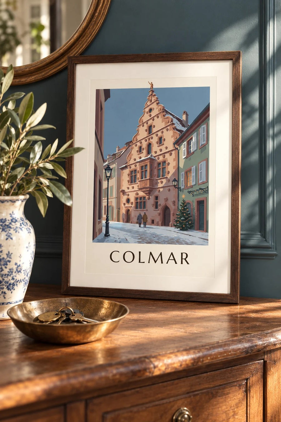 Stampa della Casa delle Teste di Colmar in inverno : piccolo formato A4 con cornice