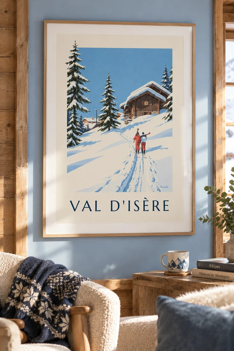 Affiche Val d'Isère, skieurs dans la neige : encadrée au mur