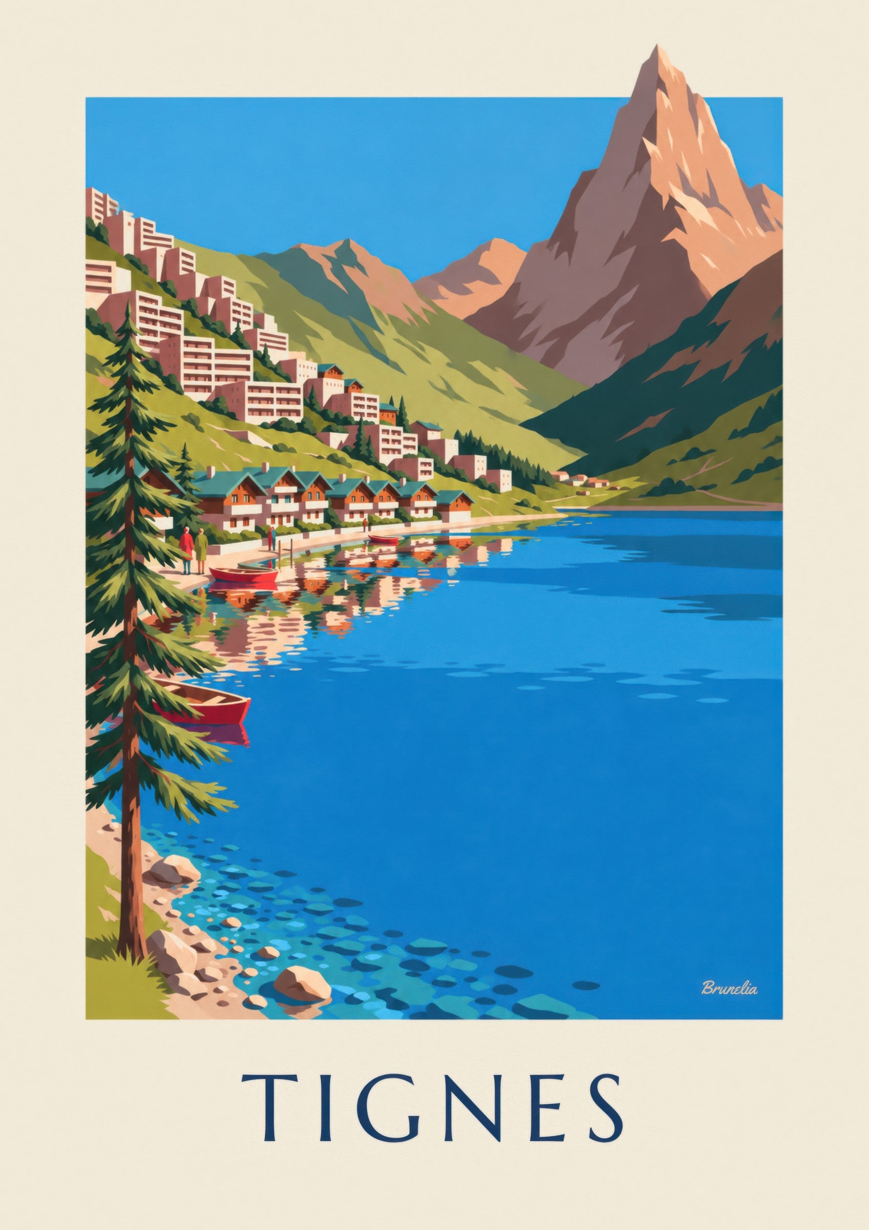 Affiche Tignes, le lac et Tignes-Le Lac en été: dettaglio in primo piano