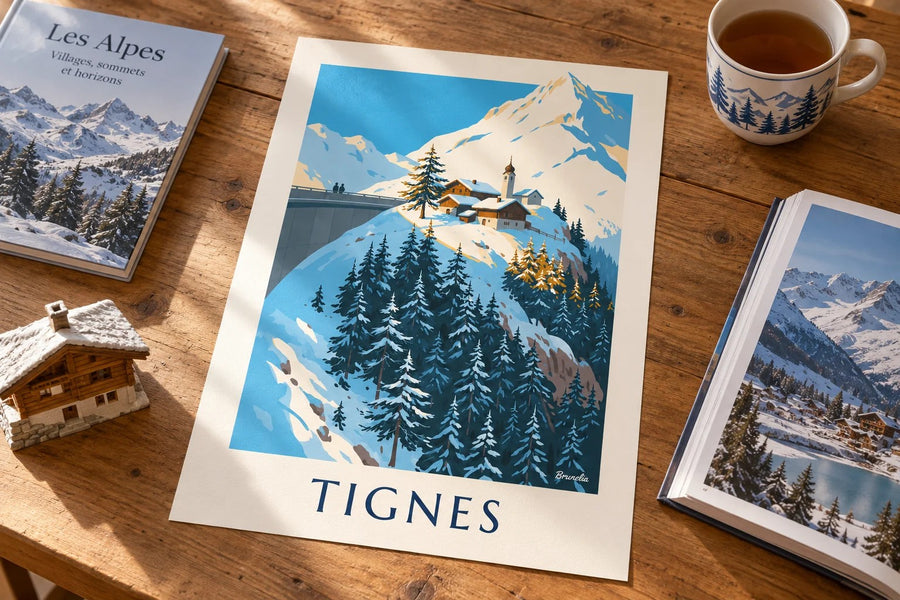 Affiche Tignes 1800 et son clocher en hiver : posée sur une table