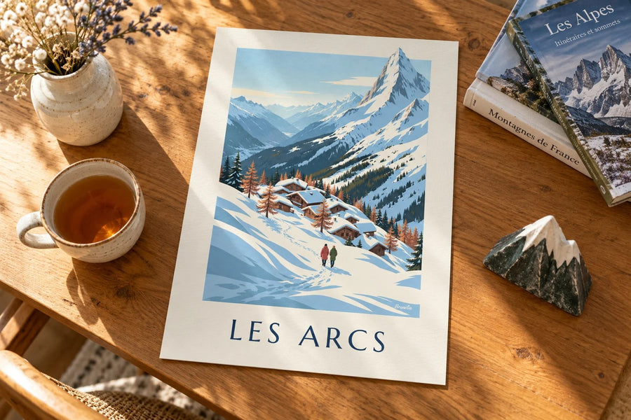 Affiche Les Arcs, panorama sur la Tarentaise : posée sur une table