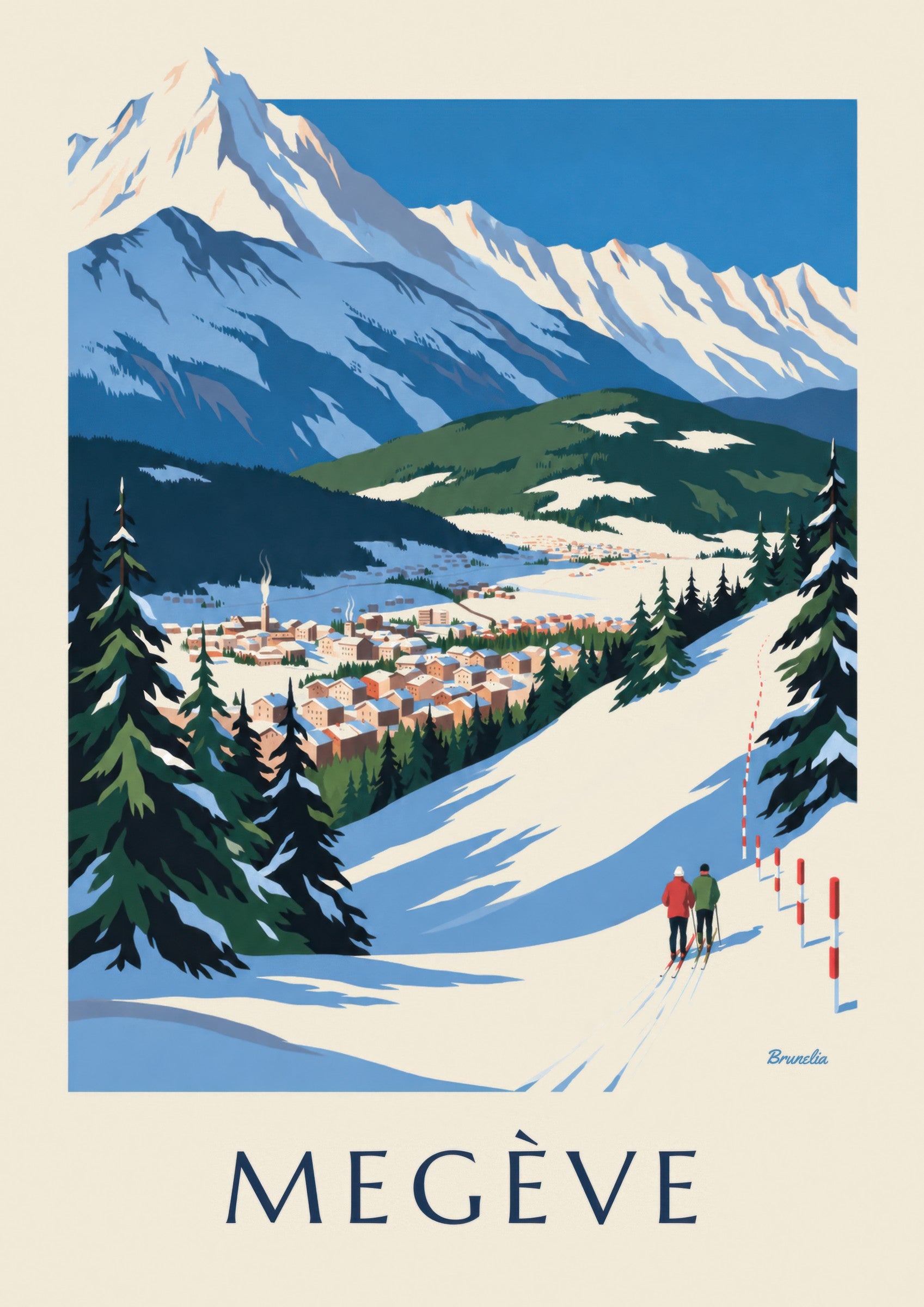 Poster di Megève, le piste di fronte al Monte Bianco: dettaglio in primo piano