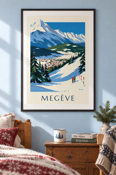 Poster di Megève, le piste di fronte al Monte Bianco : incorniciato alla parete