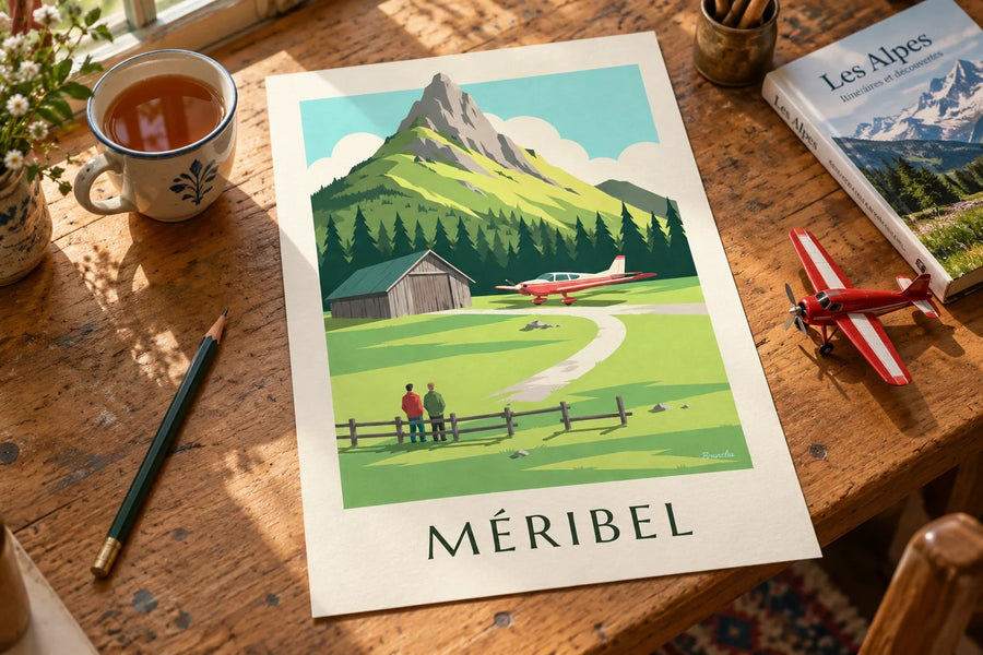Affiche Méribel, petit avion à l'altiport : posée sur une table
