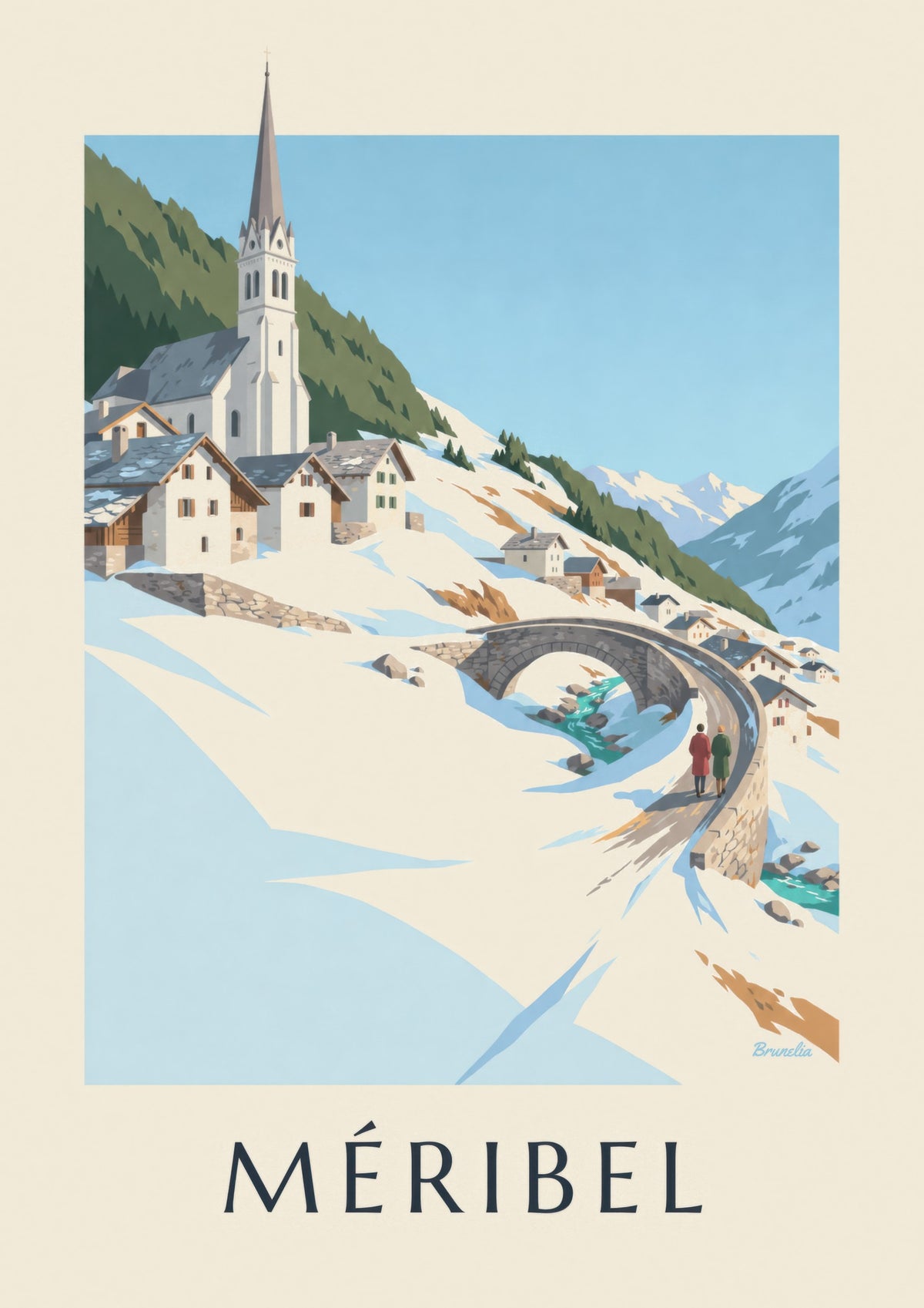 Poster di Méribel, il ponte e la chiesa di Les Allues
