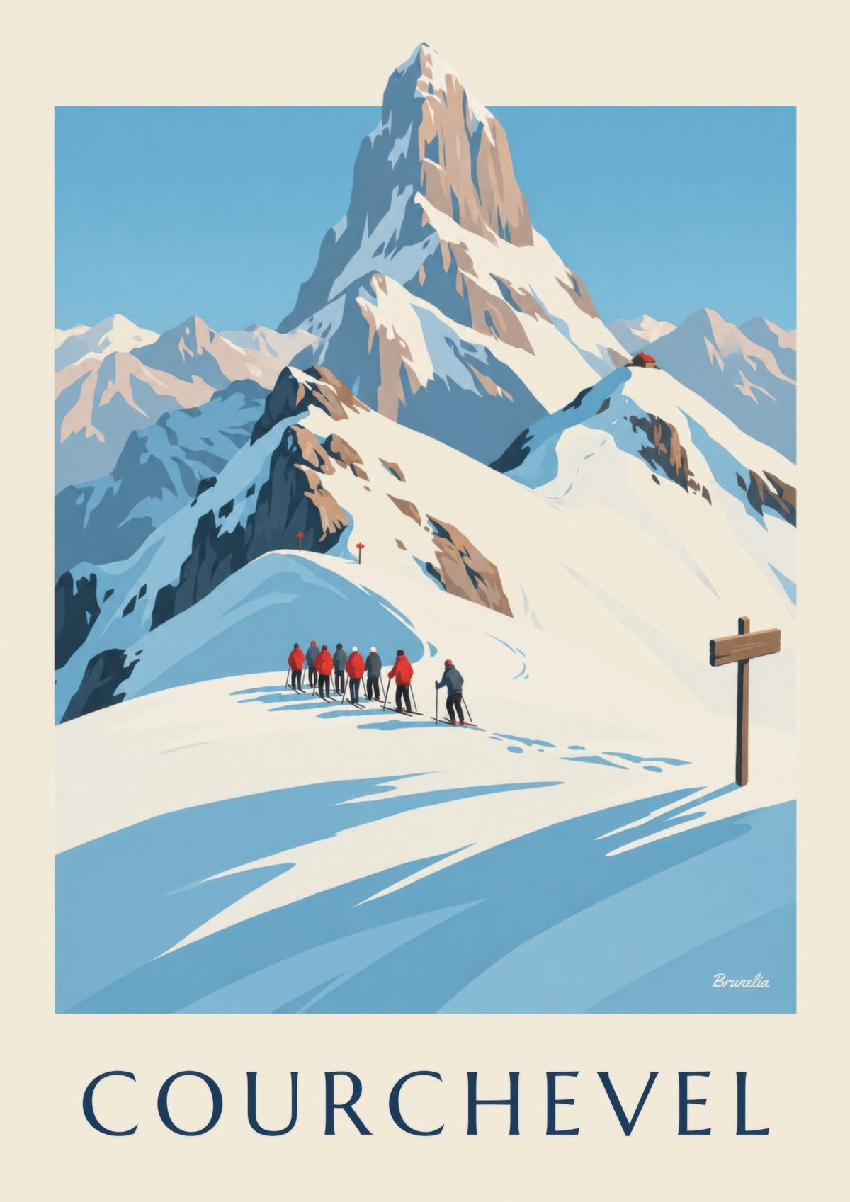 Affiche Courchevel, sciatori davanti alla Vanoise