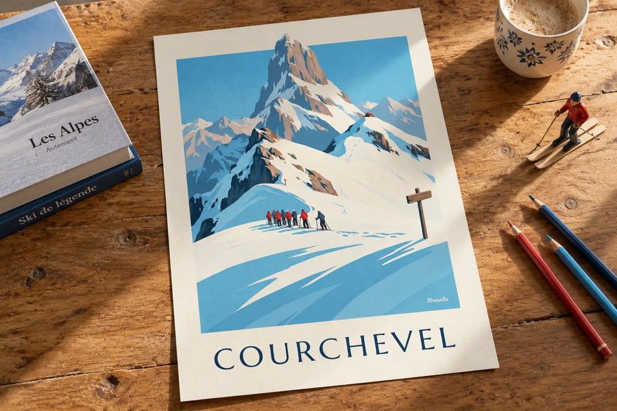 Affiche Courchevel, sciatori davanti alla Vanoise : appoggiato su un tavolo