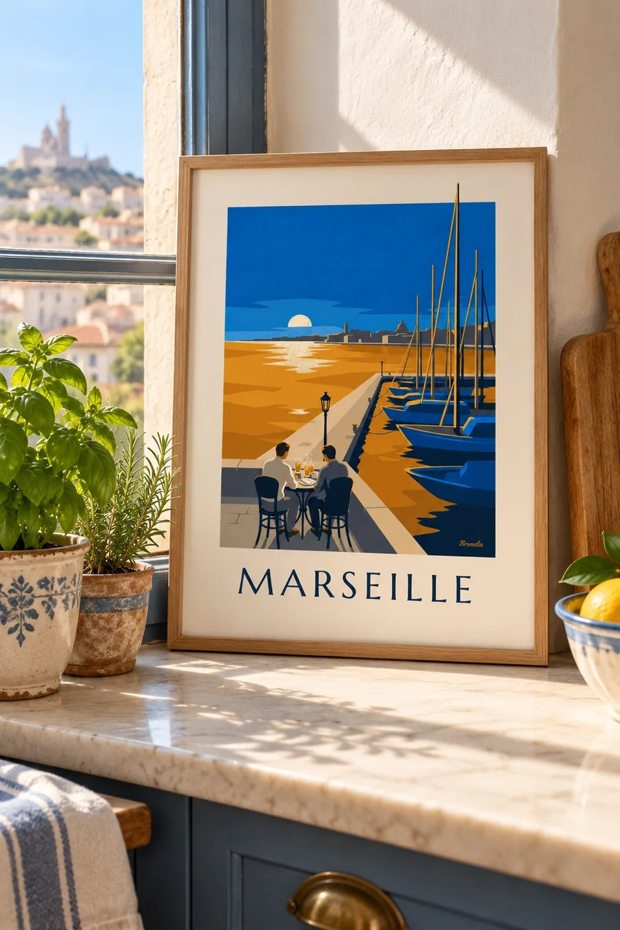 Affiche apéritif au coucher du soleil à Marseille : petit format A4 encadré